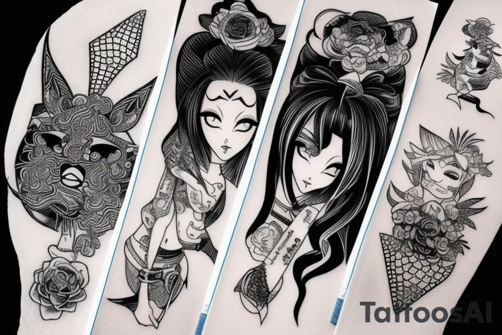 katana blackwork girl animestyle tattoo idea