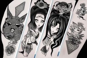 katana blackwork girl animestyle tattoo idea