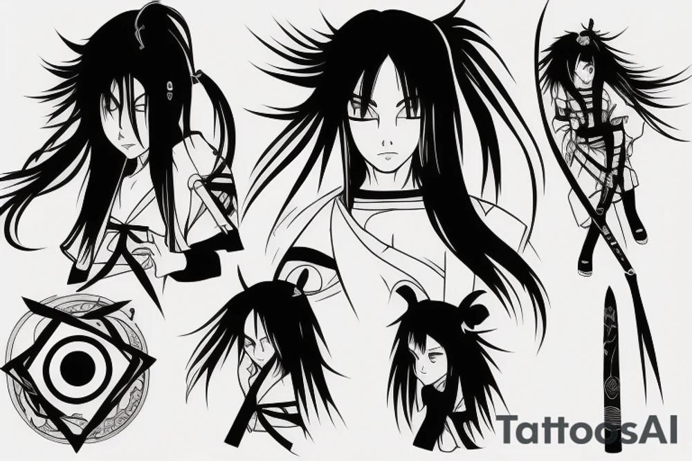 katana blackwork girl animestyle uchiha tattoo idea