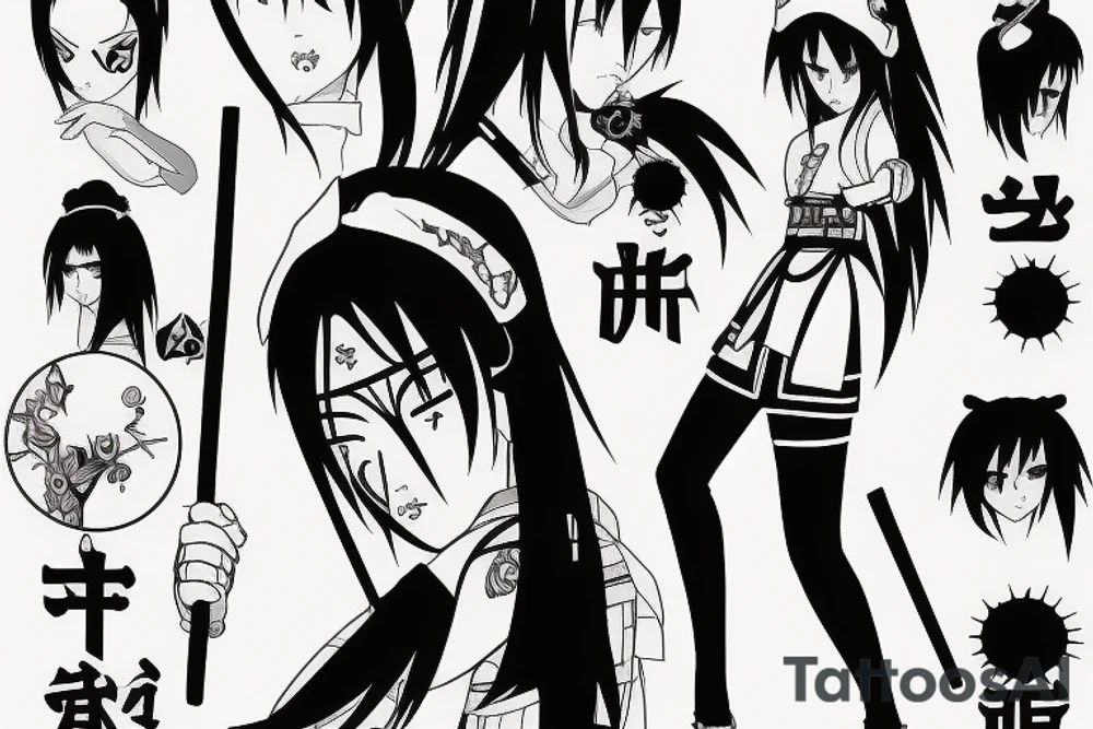katana blackwork girl animestyle uchiha tattoo idea