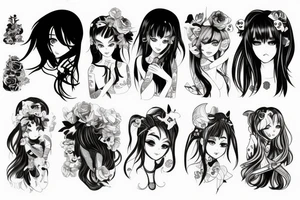 blackwork girl animestyle tattoo idea
