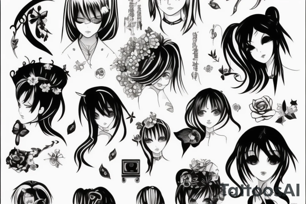 blackwork girl animestyle tattoo idea