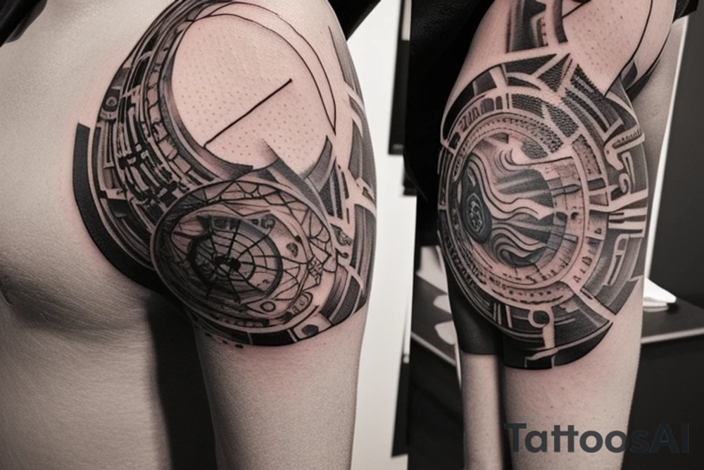 I'm looking for a complex and meaningful tattoo design that encompasses my interests in travel, different cultures, entrepreneurship, a global perspective, continuous improvement, and international business. The tattoo will occupy a significant portion of my arm and forearm, potentially in a sleeve-like design.

Core Elements:
Globe: To represent my love for travel and understanding of different cultures. The globe should be the central focus and ideally located at the upper arm area.
Ascending Arrows: Emanating from the globe, these arrows should signify growth, ambition, and a vision of expanding beyond borders. I'd like these to flow towards the forearm.
Gears: Surrounding or interlinked with the globe, to symbolize continuous improvement, effort, and the interconnectedness of all these elements.
Optional Elements:
Currency symbols, to indicate international business
A few meaningful words or a short quote that sums up my approach to life and business
Style Preferences:
The design should flow naturally, ensuring that all elements are visually connected.
Open to both black and white or color, depending on what best brings out the elements.
The texture and intricate details are important to add depth to the design.
Additional Notes:
The aim is to create a cohesive and aesthetically pleasing tattoo that's rich in personal meaning. tattoo idea