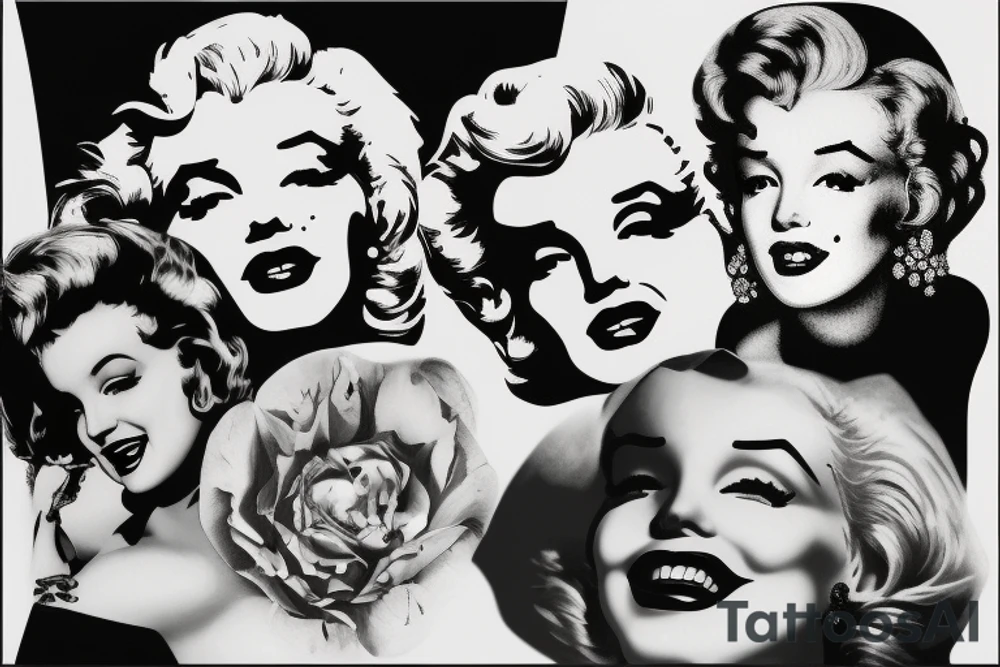 marylin monroe face blackwork style black background tattoo idea