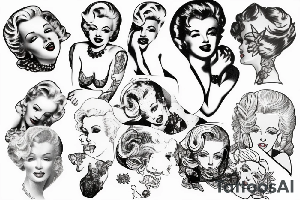 russian marylin monroe blackwork tattoo idea