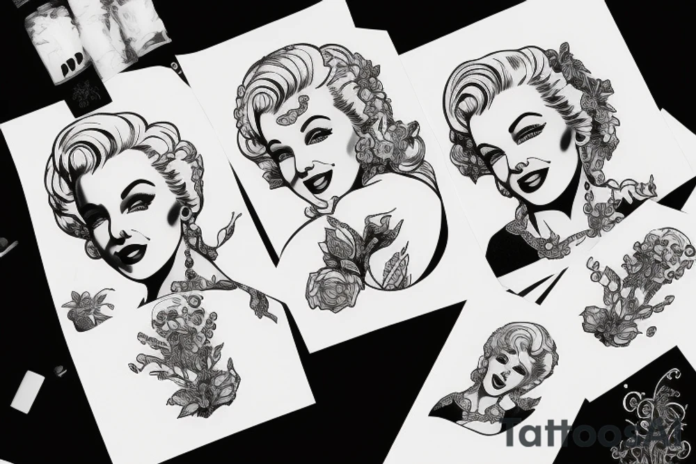 russian marylin monroe blackwork tattoo idea