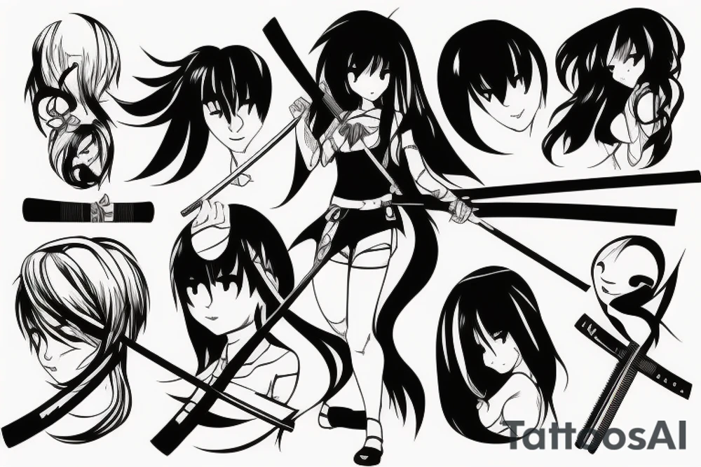 ANIME GIRL WITH KATANA blackwork tattoo idea