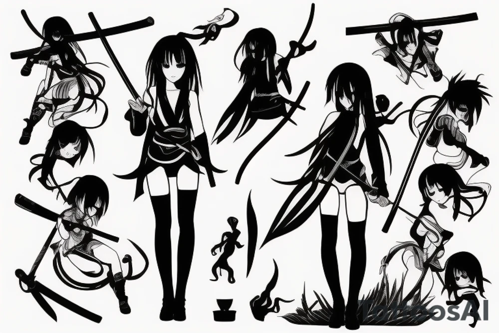 ANIME GIRL WITH KATANA blackwork tattoo idea