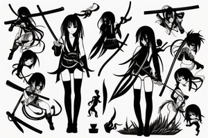 ANIME GIRL WITH KATANA blackwork tattoo idea