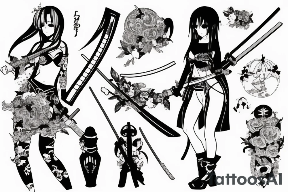 ANIME GIRL WITH KATANA blackwork tattoo idea