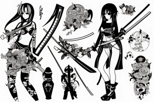 ANIME GIRL WITH KATANA blackwork tattoo idea
