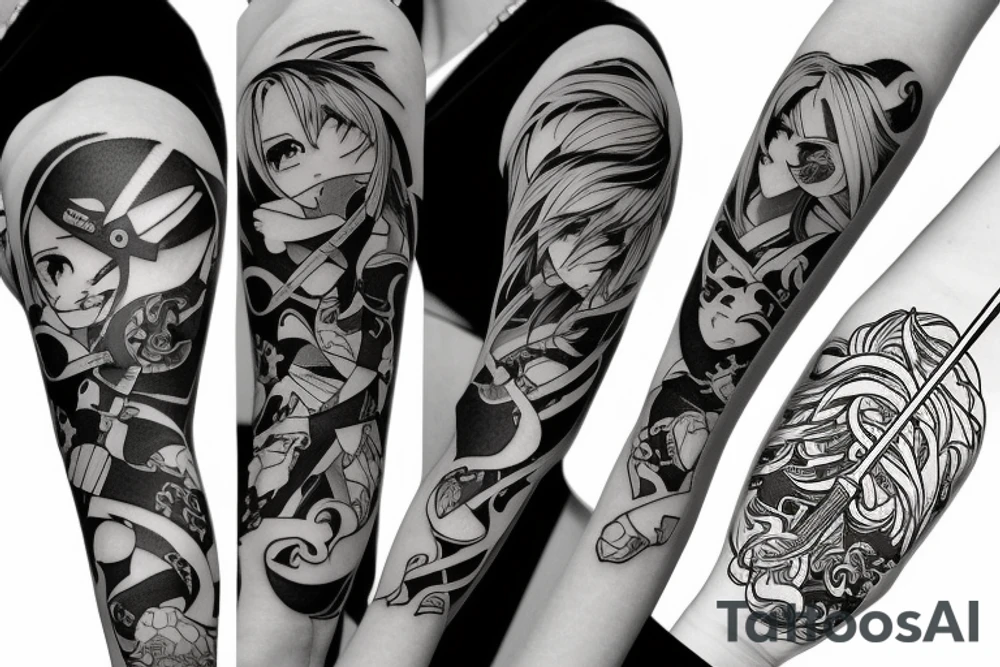 ANIME GIRL WITH KATANA blackwork tattoo idea
