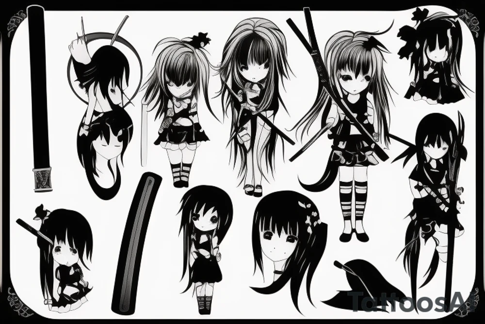 ANIME GIRL WITH KATANA blackwork tattoo idea