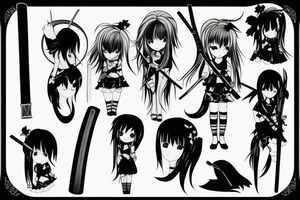 ANIME GIRL WITH KATANA blackwork tattoo idea