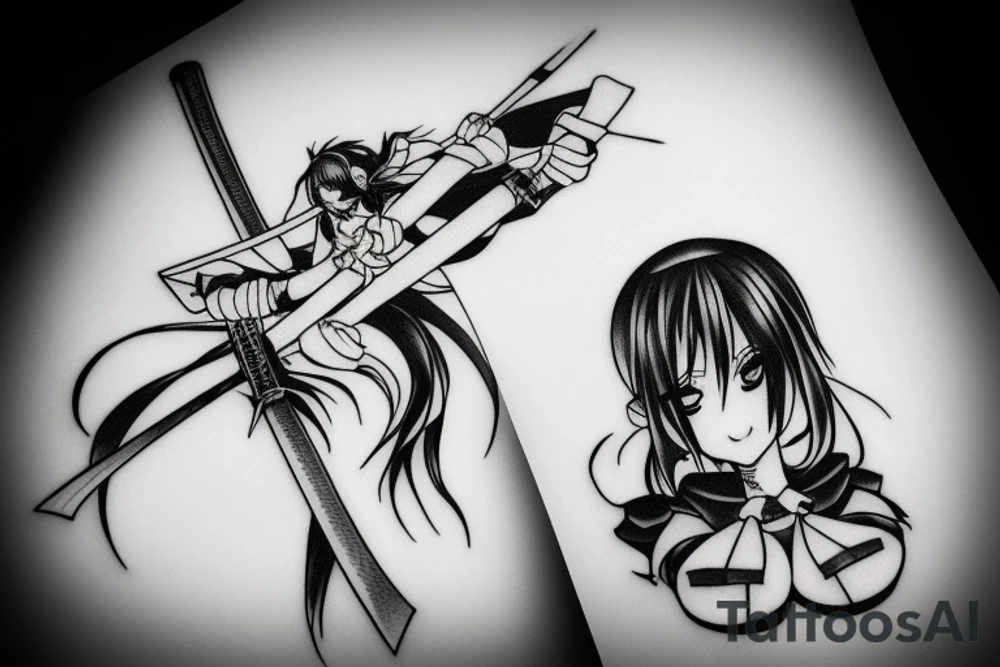 ANIME GIRL WITH KATANA blackwork tattoo idea