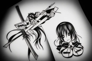ANIME GIRL WITH KATANA blackwork tattoo idea