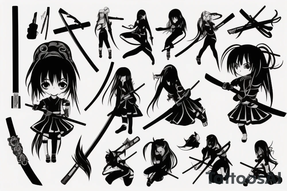 ANIME GIRL WITH KATANA blackwork tattoo idea