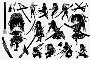 ANIME GIRL WITH KATANA blackwork tattoo idea