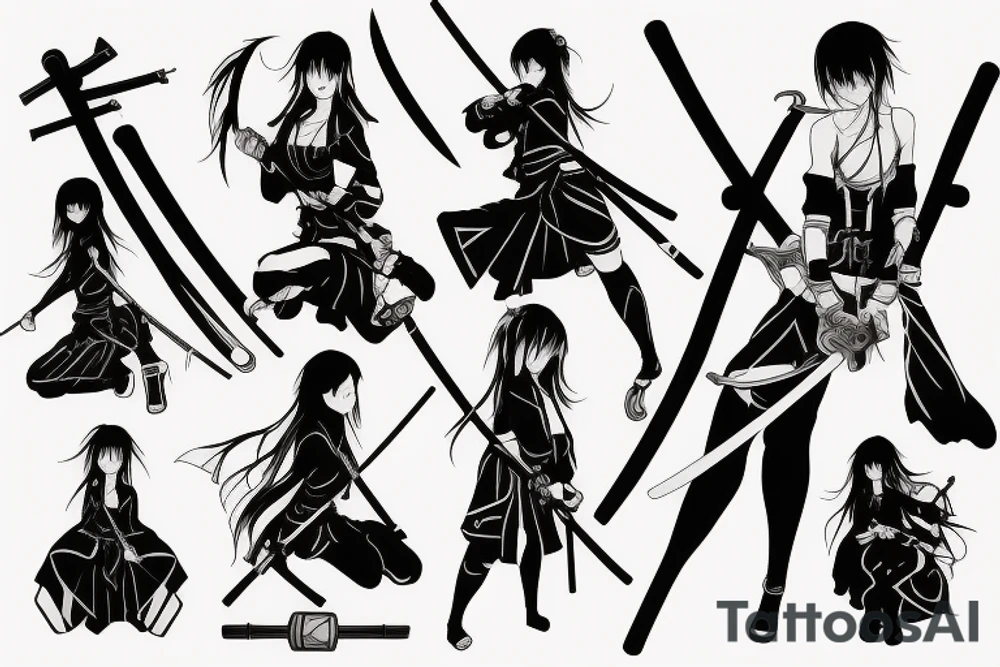 ANIME GIRL WITH KATANA blackwork tattoo idea