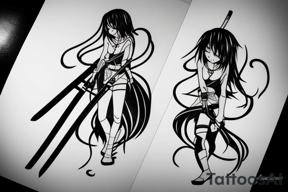 ANIME GIRL WITH KATANA blackwork tattoo idea