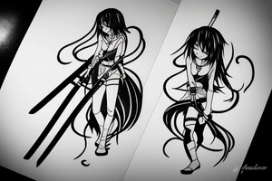 ANIME GIRL WITH KATANA blackwork tattoo idea