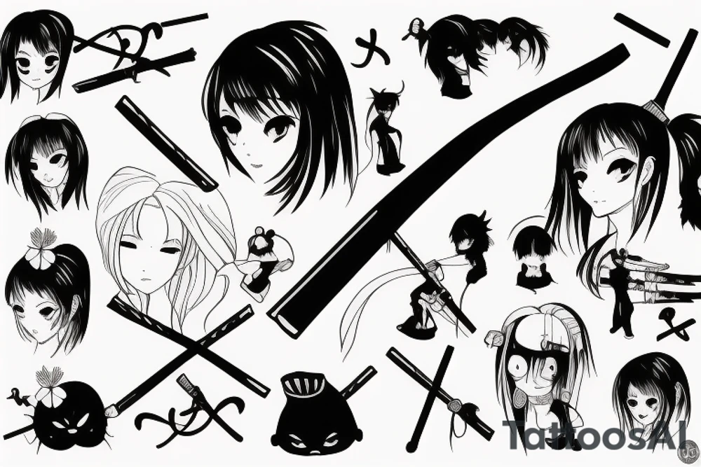 ANIME GIRL WITH KATANA blackwork tattoo idea