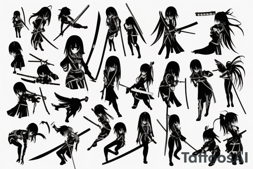 ANIME GIRL WITH KATANA blackwork tattoo idea