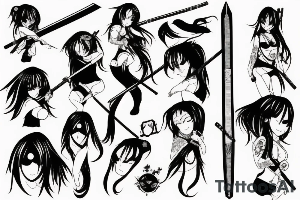 ANIME GIRL WITH KATANA blackwork tattoo idea