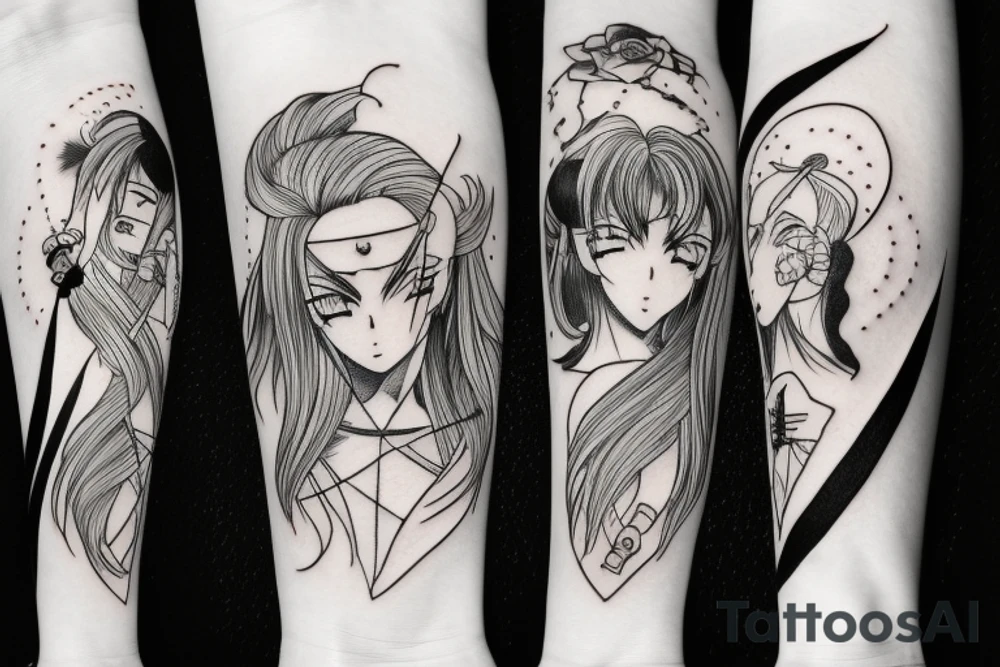 ANIME GIRL WITH KATANA blackwork tattoo idea