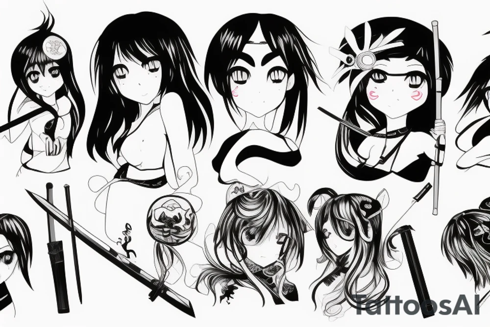 ANIME GIRL WITH KATANA blackwork tattoo idea