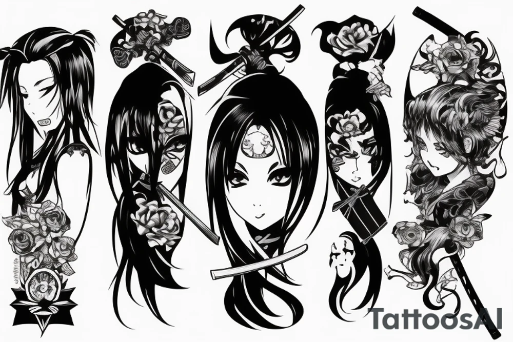 ANIME GIRL WITH KATANA blackwork tattoo idea