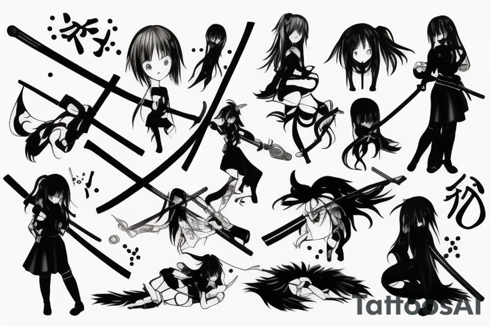 ANIME GIRL WITH KATANA blackwork tattoo idea
