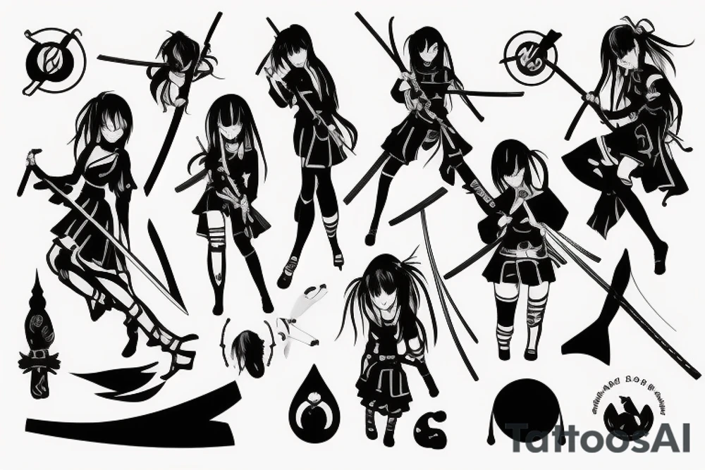ANIME GIRL WITH KATANA blackwork tattoo idea