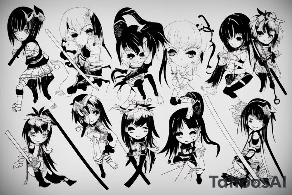 ANIME GIRL WITH KATANA blackwork tattoo idea