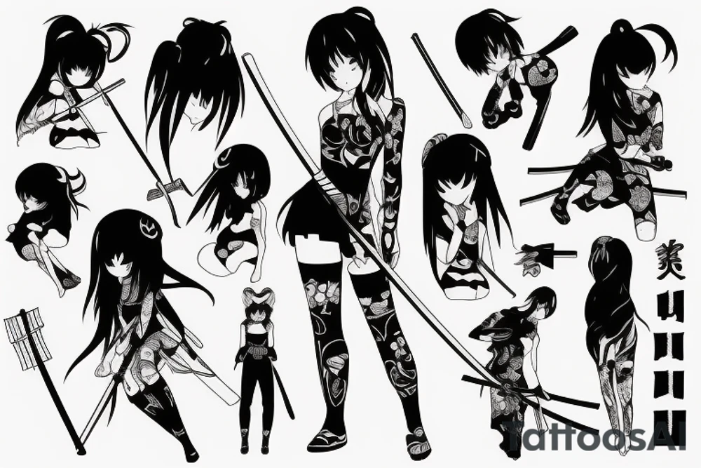 ANIME GIRL WITH KATANA blackwork tattoo idea