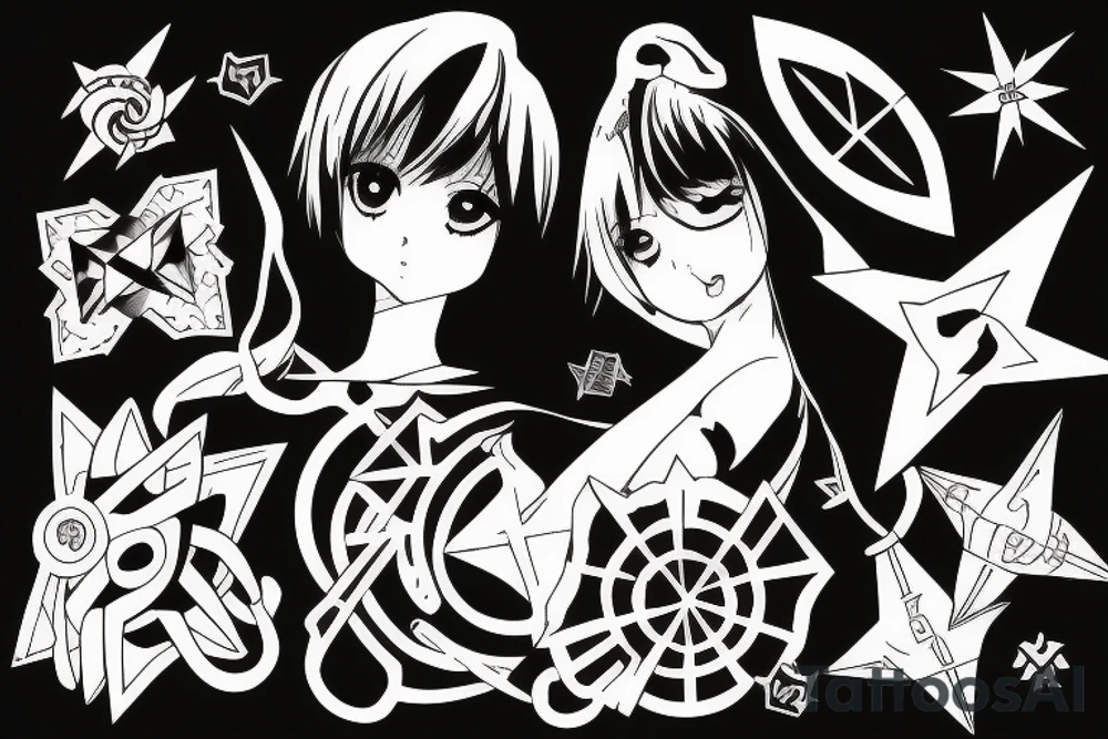 ANIME GIRL WITH SHURIKEN blackwork tattoo idea