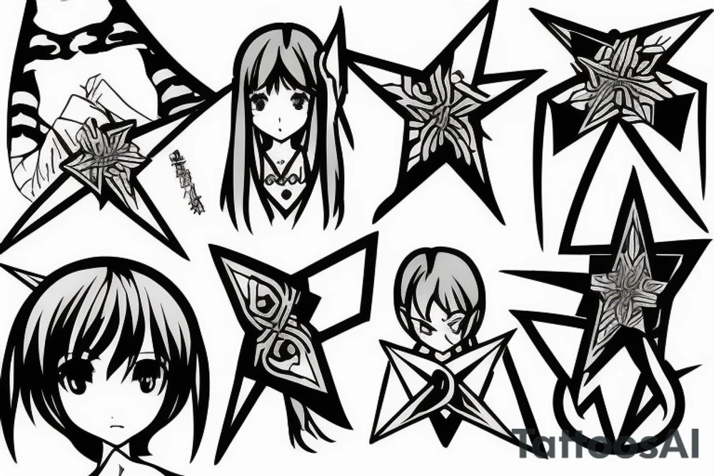ANIME GIRL WITH SHURIKEN blackwork tattoo idea