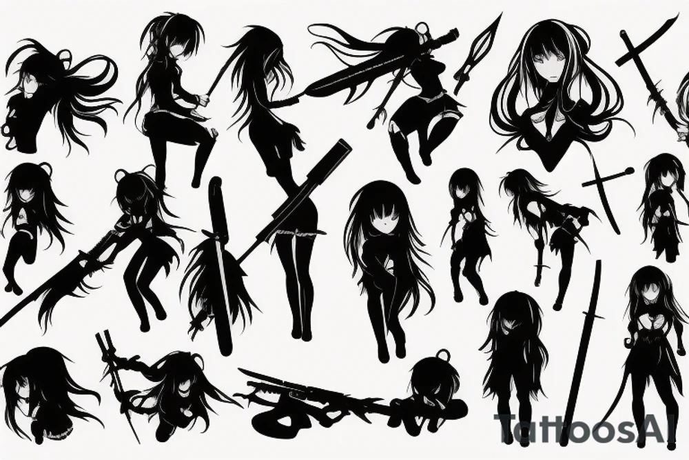 ANIME GIRL WITH WEAPON blackwork tattoo idea