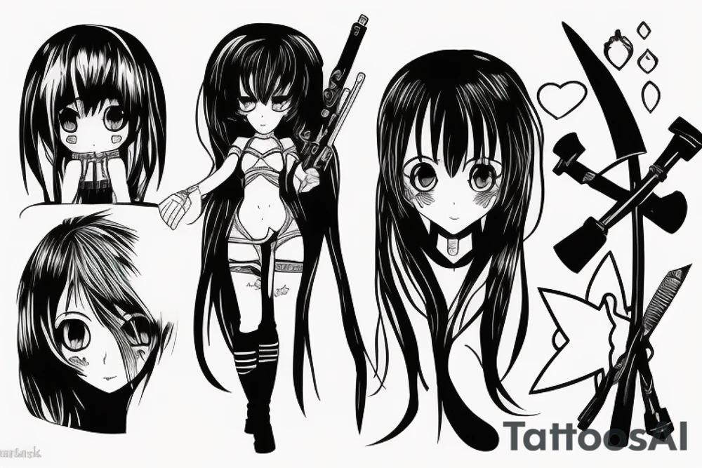 ANIME GIRL WITH WEAPON blackwork tattoo idea