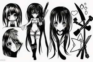 ANIME GIRL WITH WEAPON blackwork tattoo idea