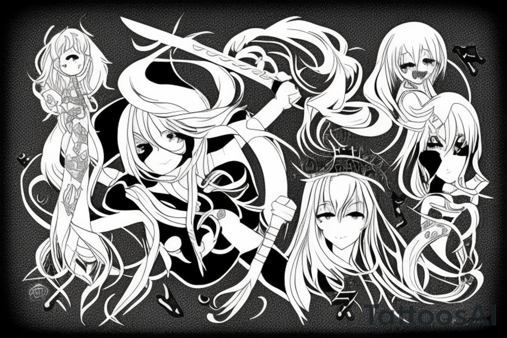ANIME GIRL WITH WEAPON blackwork tattoo idea