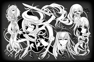 ANIME GIRL WITH WEAPON blackwork tattoo idea