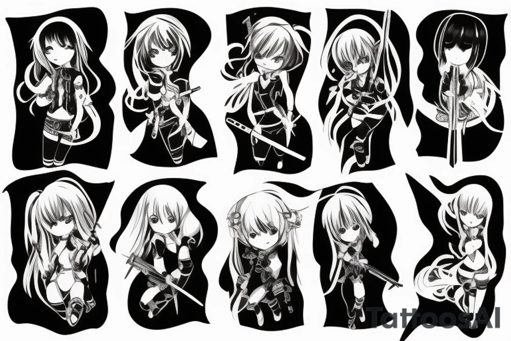 ANIME GIRL WITH WEAPON blackwork tattoo idea