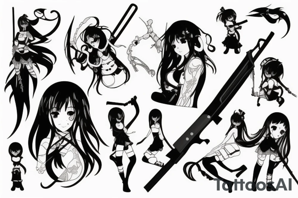 ANIME GIRL WITH WEAPON blackwork tattoo idea