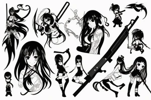 ANIME GIRL WITH WEAPON blackwork tattoo idea