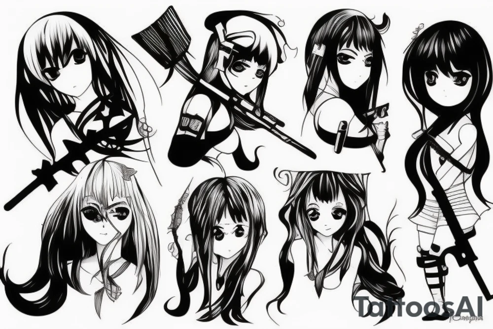 ANIME GIRL WITH WEAPON blackwork tattoo idea