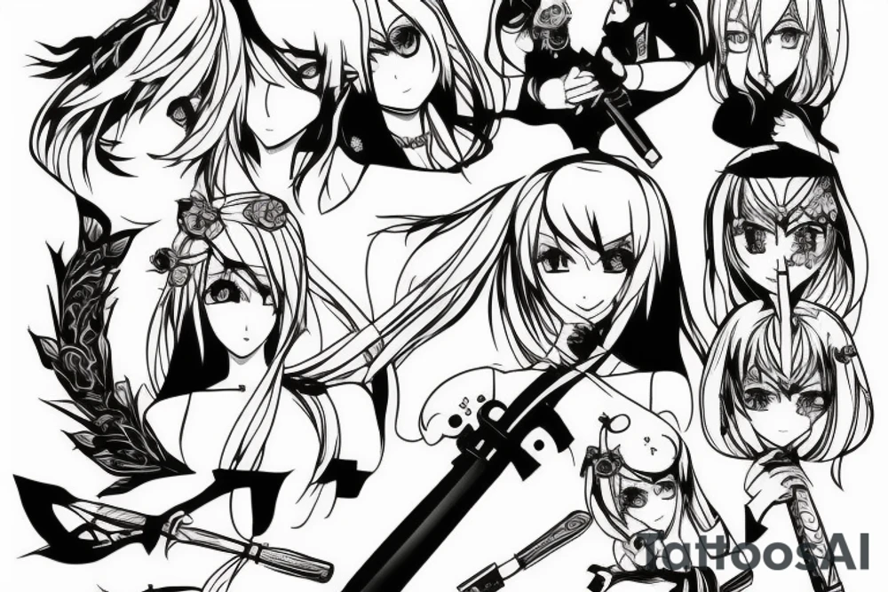 ANIME GIRL WITH WEAPON blackwork tattoo idea
