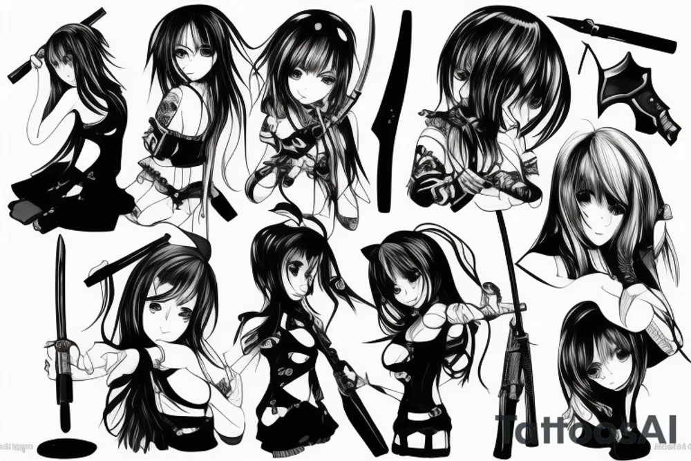 ANIME GIRL WITH WEAPON blackwork tattoo idea