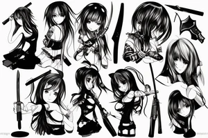 ANIME GIRL WITH WEAPON blackwork tattoo idea