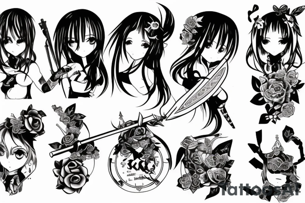 ANIME GIRL WITH WEAPON blackwork tattoo idea